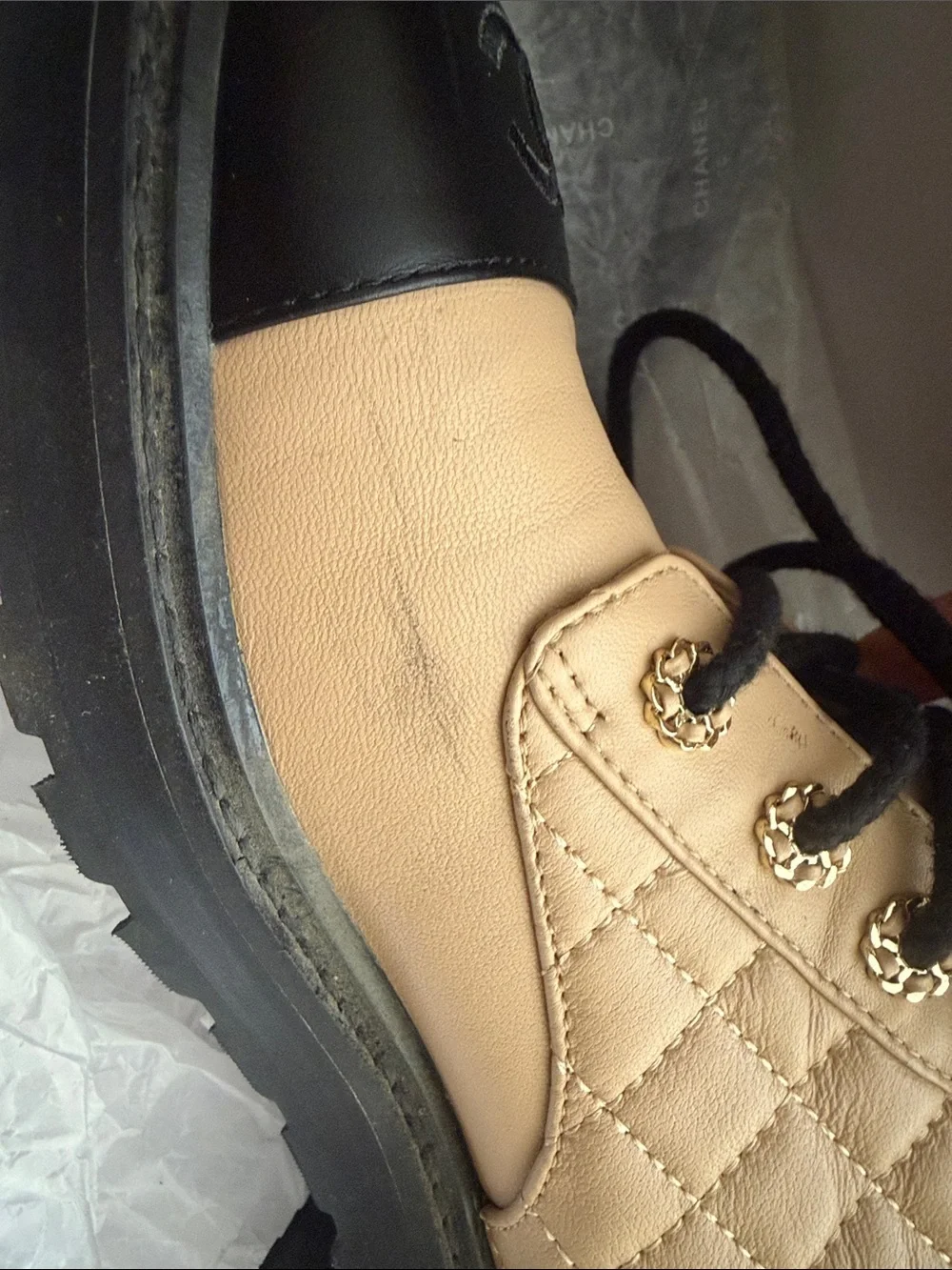 CHANEL Beige Quilted Lace-Up Ankle Boots with Black Cap Toe